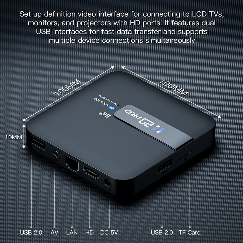 H20 PRO Android TV Box, Android 10.0, 2GB, 16GB, 2.4 e 5G WiFi, 4K Media Player,