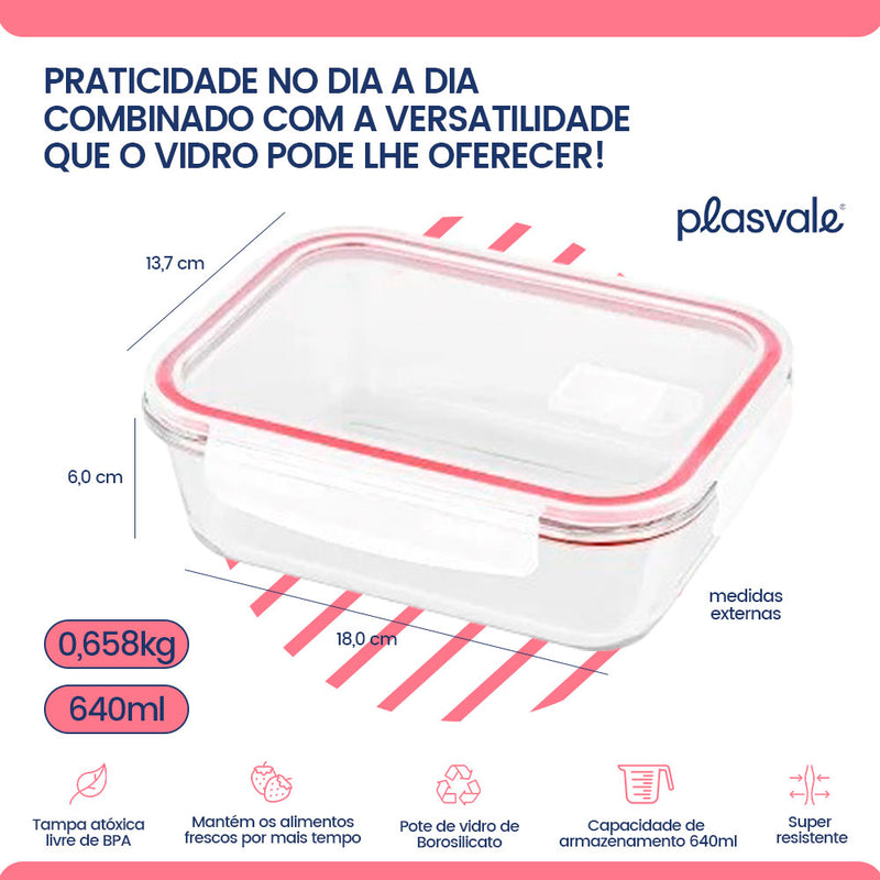 Pote de Vidro Hermético Retangular Plasvale 640ml